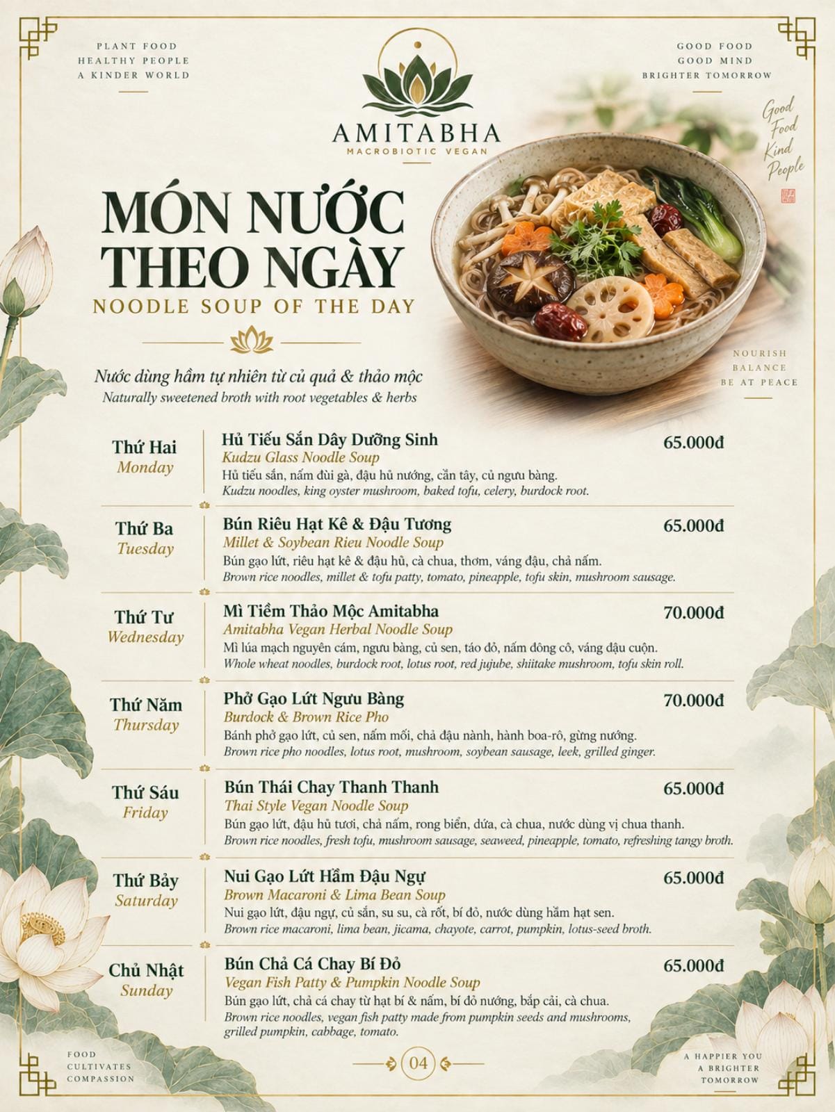 Thực đơn món nước theo ngày tại Amitabha